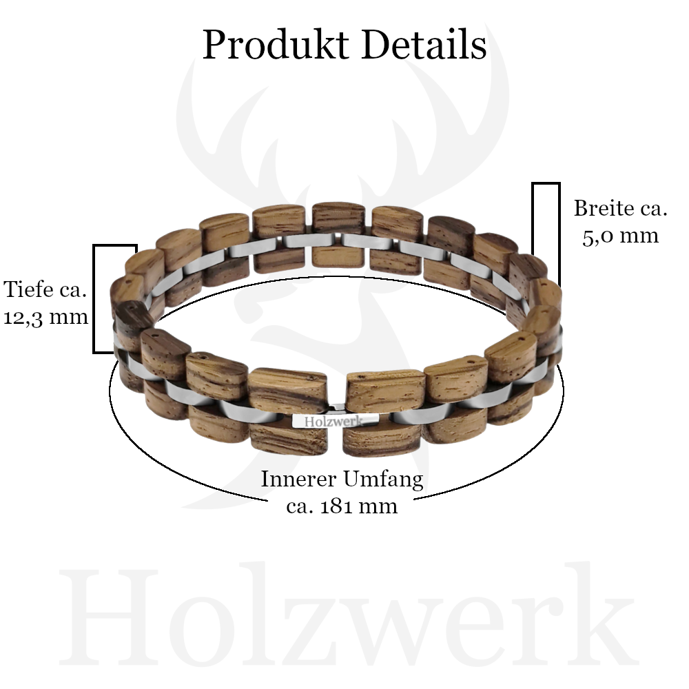 Holzwerk ALPSEE braun-silbernes Holz Armband aus hochwertigem Holz und Edelstahl mit Gliederkonstruktion mit Maßangaben