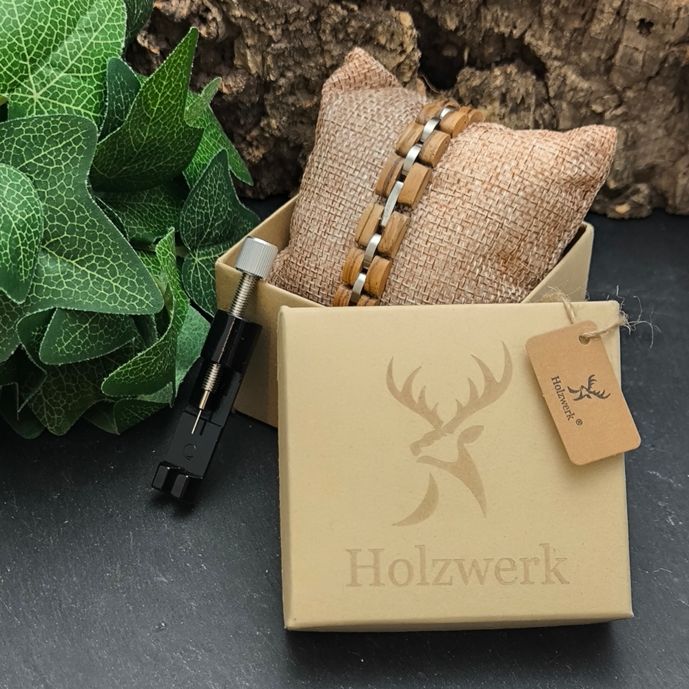Holzwerk ALPSEE braun-silbernes Holz Armband aus hochwertigem Holz und Edelstahl mit Gliederkonstruktion in Holzwerk Verpackung
