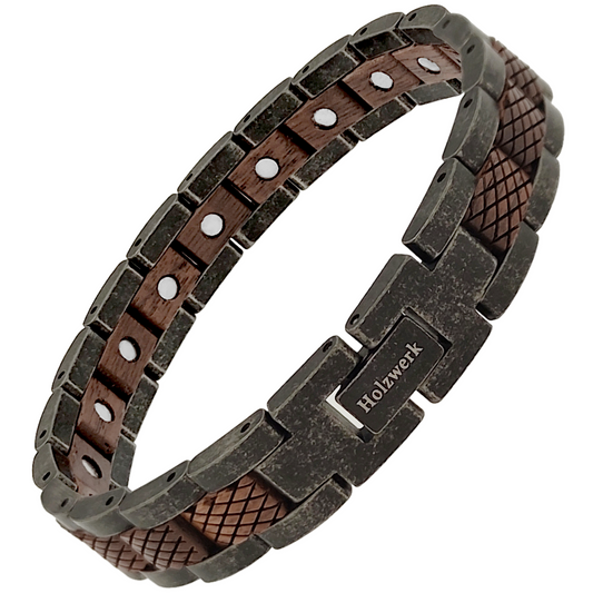 Holzwerk ARENDSEE dunkelgrau-braunes Magnet Armband aus Walnussholz und Edelstahl mit Gliederkonstruktion Schräglage