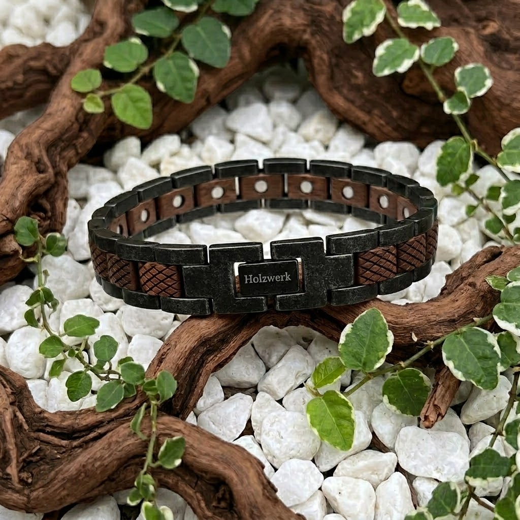 Holzwerk ARENDSEE anthrazit-braunes  Holz Armband aus Walnussholz und Edelstahl mit Gliederkonstruktion in Holzumgebung