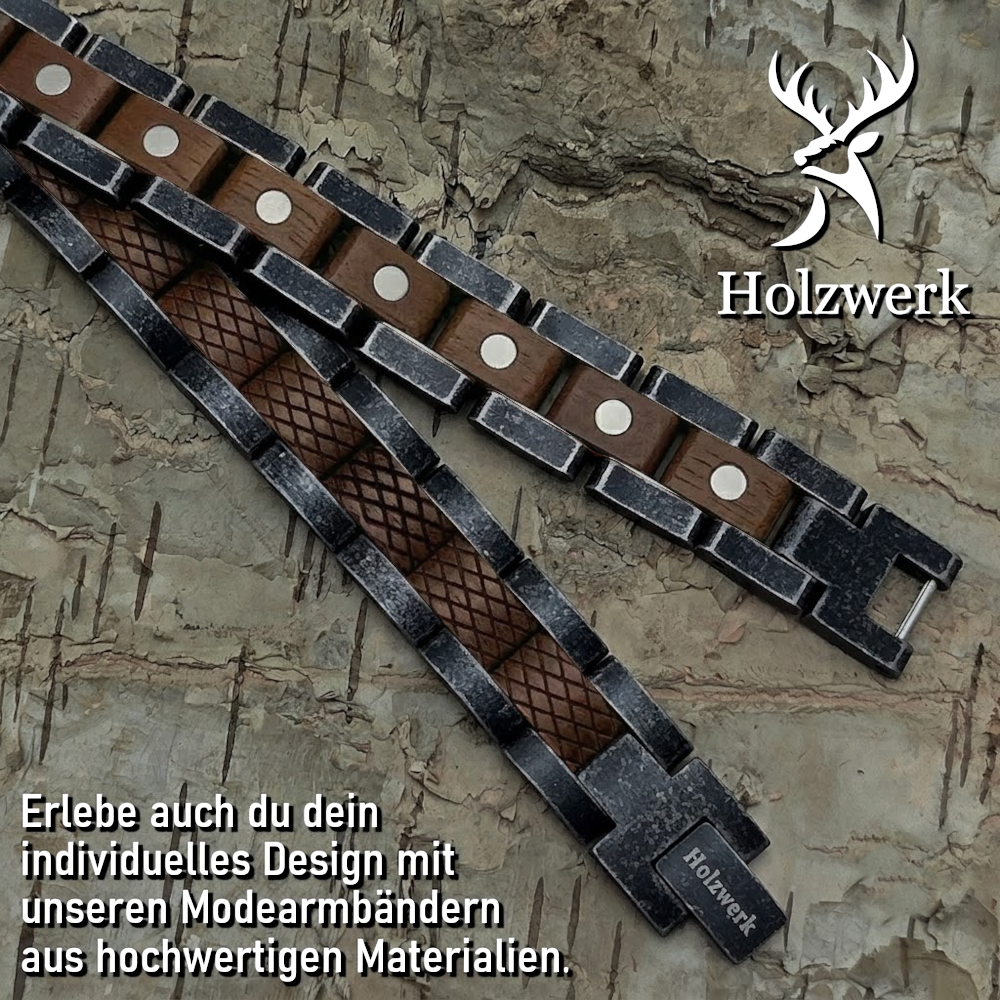 Holzwerk ARENDSEE anthrazit-braunes  Holz Armband aus Walnussholz und Edelstahl, Detailansicht der Gliederkonstruktion
