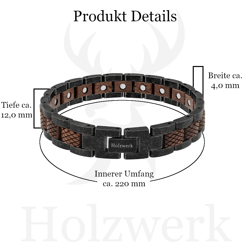 Holzwerk ARENDSEE anthrazit-braunes  Holz Armband aus Walnussholz und Edelstahl mit Maßangaben