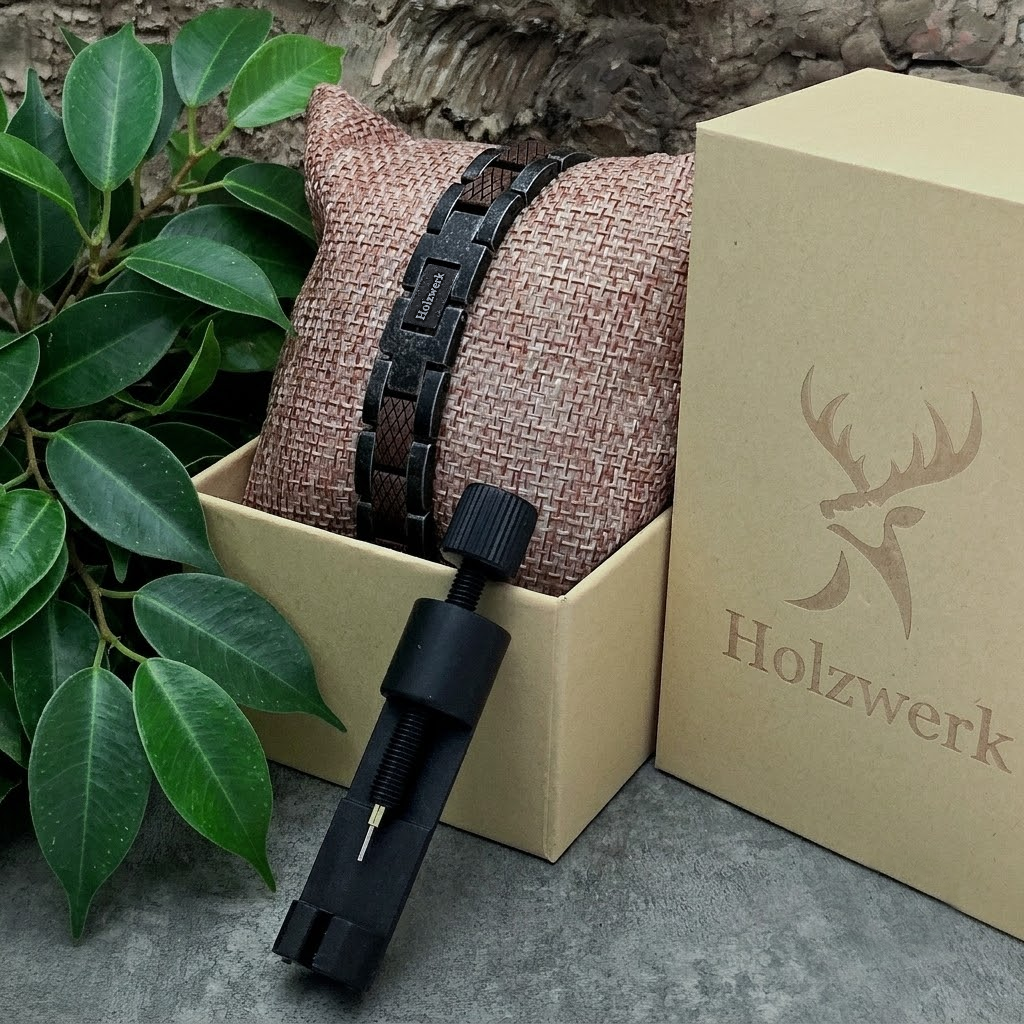 Holzwerk ARENDSEE anthrazit-braunes  Holz Armband aus Walnussholz und Edelstahl, in Holzwerk Uhrenbox
