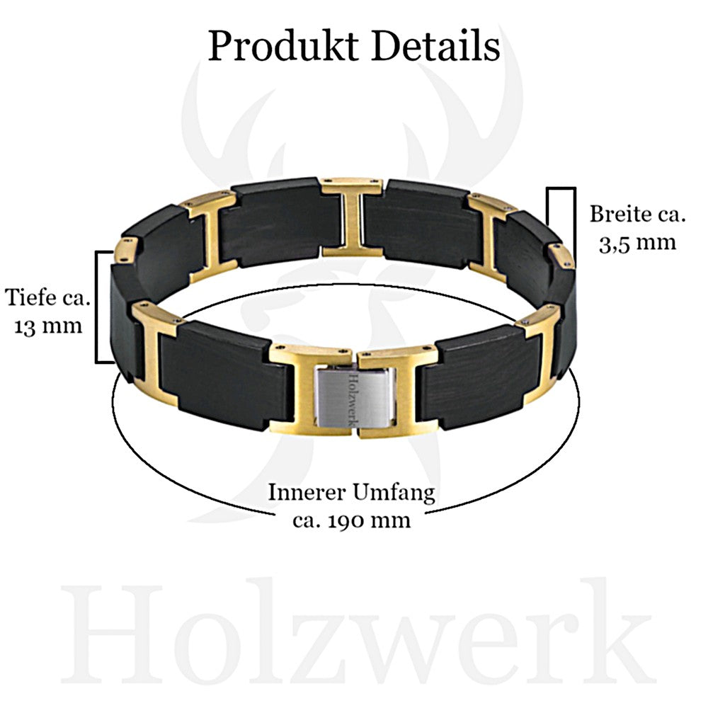 Holzwerk AUENSEE Armband aus Ebonyholz und Edelstahl in Gold und Schwarz mit Gliederdesign und Maßangaben