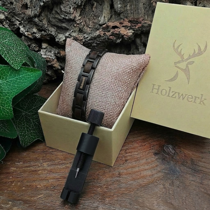 Holzwerk BALZSEE schwarz-braunes  Holz Armband aus Ebonyholz und Edelstahl mit Gliederkonstruktion in Holzwerk Uhrenbox