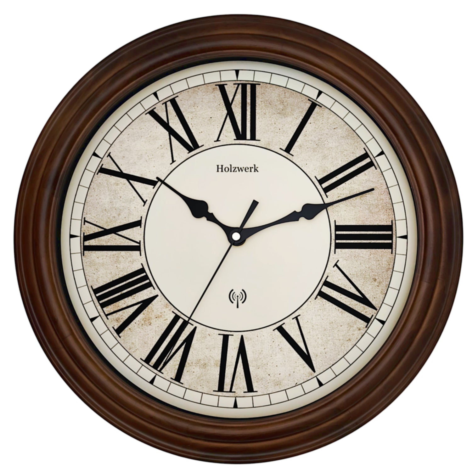 Holzwerk BEDBURG 35 cm Vintage Funk-Wanduhr mit Frontansicht und römischen Ziffern