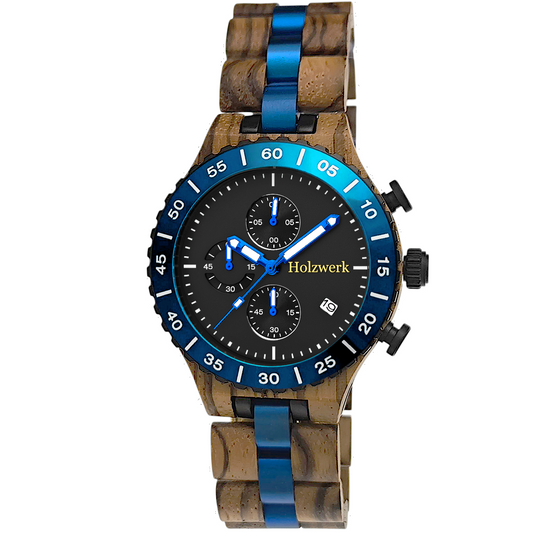 Holzwerk BERGEN Chronographen-Uhr aus Zebra-Holz mit Chronographen, Datumsanzeige und blau-schwarzem Ziffernblatt, frontal