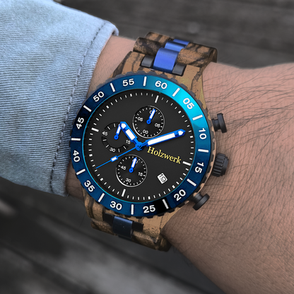 Holzwerk BERGEN Chronographen-Uhr aus Zebra-Holz mit Chronographen, Datum und blau-schwarzem Ziffernblatt am Handgelenk 