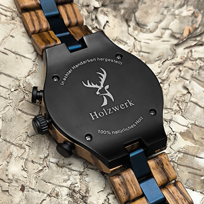 Holzwerk BERGEN Chronographen-Uhr aus Zebra-Holz mit Chronographen und Datumsanzeige, Detailaufnahme des Gehäusebodens