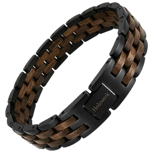 Holzwerk BERGSEE braun-schwarzes Holz Armband aus Walnussholz und Edelstahl mit Gliederkonstruktion Schrägansicht front