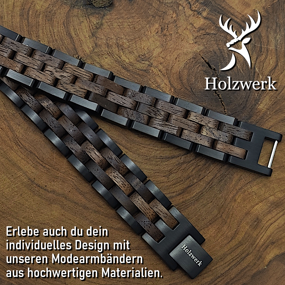 Holzwerk BERGSEE braun-schwarzes Holz Armband aus Walnussholz und Edelstahl, Detailansicht der Gliederkonstruktion