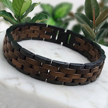 Holzwerk BERGSEE braun-schwarzes Holz Armband aus Walnussholz und Edelstahl mit Gliederkonstruktion, Ansicht der Rückseite