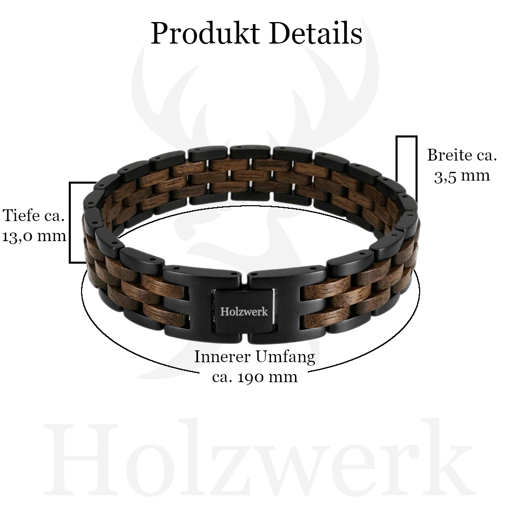 Holzwerk BERGSEE braun-schwarzes Holz Armband aus Walnussholz und Edelstahl mit Gliederkonstruktion mit Maßangaben