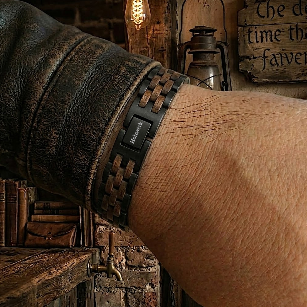 Holzwerk BERGSEE braun-schwarzes Holz Armband aus Walnussholz und Edelstahl mit Gliederkonstruktion, am Handgelenk getragen
