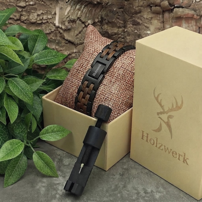 Holzwerk BERGSEE braun-schwarzes Holz Armband aus Walnussholz und Edelstahl mit Gliederkonstruktion, in Holzwerk Uhrenbox