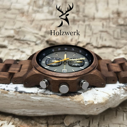 Holzwerk BERNBURG Holz Uhr Chronograph mit Datum, braun, grau, gelb, seitlich liegend