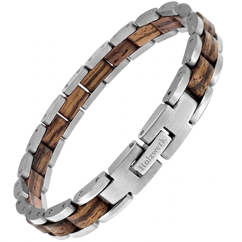 Holzwerk BEVERSEE silber-braunes Holz Armband aus Zebraholz und Edelstahl mit Gliederkonstruktion Frontansicht