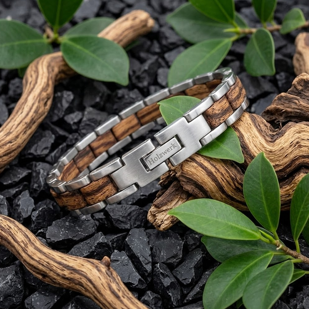 Holzwerk BEVERSEE silber-braunes Holz Armband aus Zebraholz und Edelstahl mit Gliederkonstruktion Frontansicht auf Holz