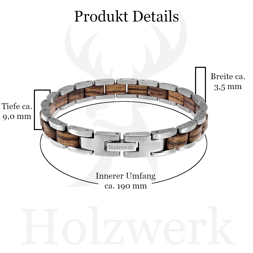 Holzwerk BEVERSEE silber-braunes Holz Armband aus Zebraholz und Edelstahl mit Maßangaben