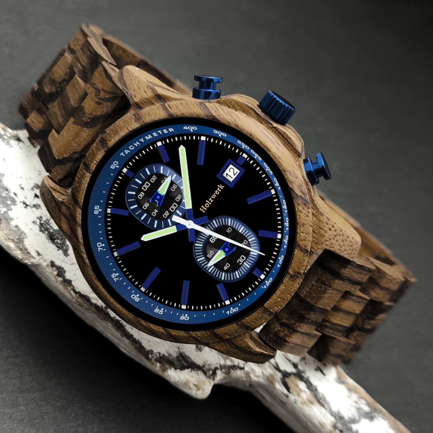 Holzwerk BOCHUM Holz Uhr Chronograph mit Datum, schwarz, blau, links liegend