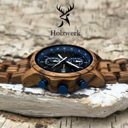 Holzwerk BOCHUM Holz Uhr Chronograph mit Datum, schwarz, blau, seitlich liegend