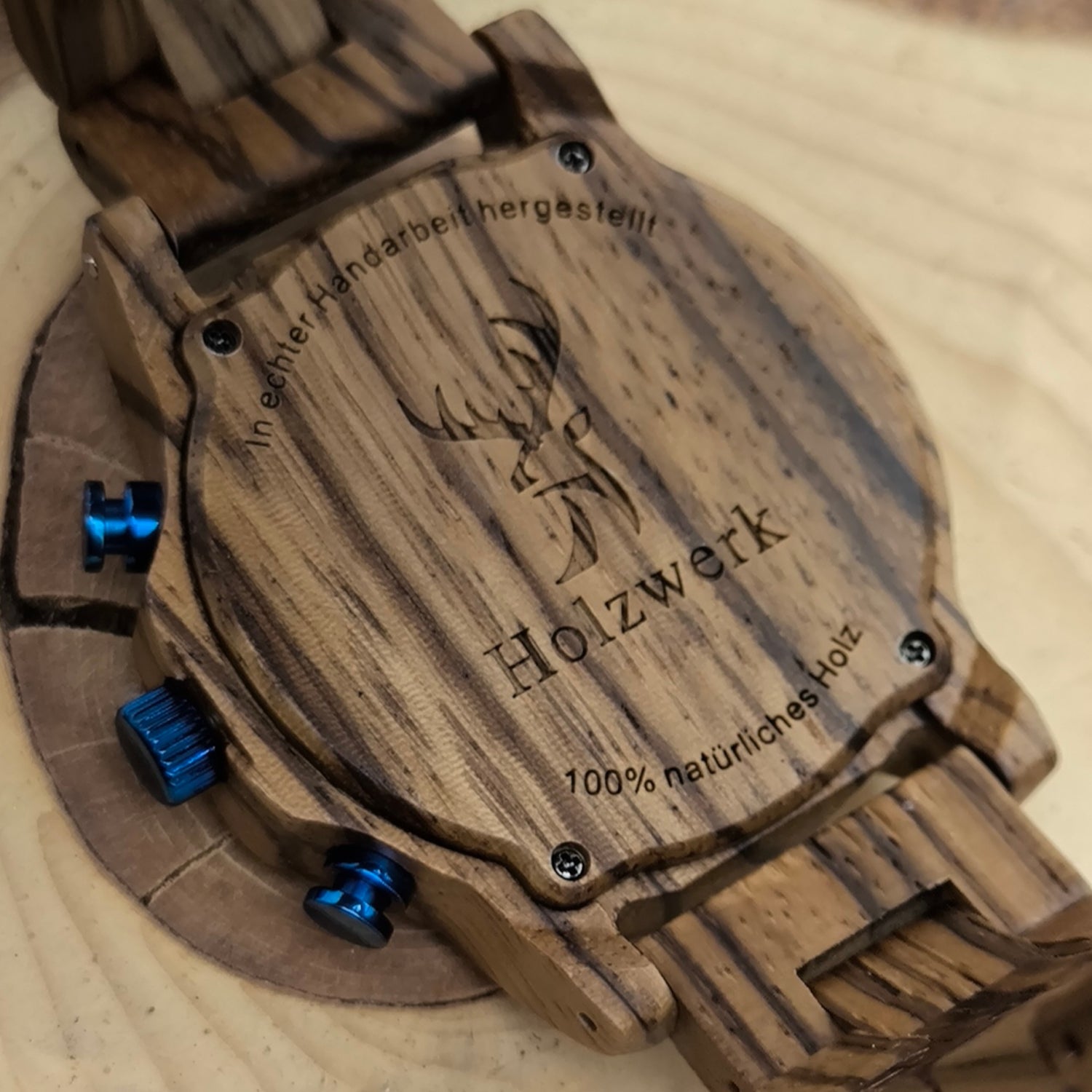 Holzwerk BOCHUM Holz Uhr Chronograph mit Datum, schwarz, blau, Gehuseboden