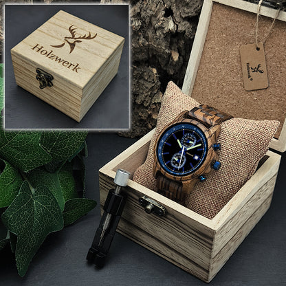 Holzwerk BOCHUM Holz Uhr Chronograph mit Datum, schwarz, blau, Uhrenbox