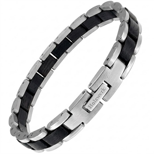 Holzwerk CARPSEE silber-schwarzes  Holz Armband aus Ebony Holz und Edelstahl mit Gliederkonstruktion Frontansicht