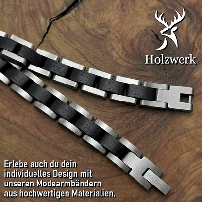 Holzwerk CARPSEE silber-schwarzes  Holz Armband aus Ebony Holz und Edelstahl, Detailansicht der Gliederkonstruktion