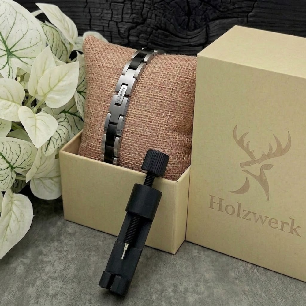 Holzwerk CARPSEE silber-schwarzes  Holz Armband aus Ebony Holz und Edelstahl in Holzwerk Uhrenbox