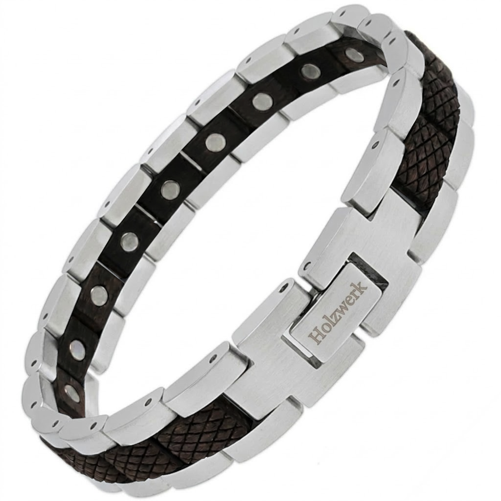 Holzwerk COLPINSEE silber-schwarzes  Magnet Armband aus Ebonyholz und Edelstahl mit Gliederkonstruktion Schräglage