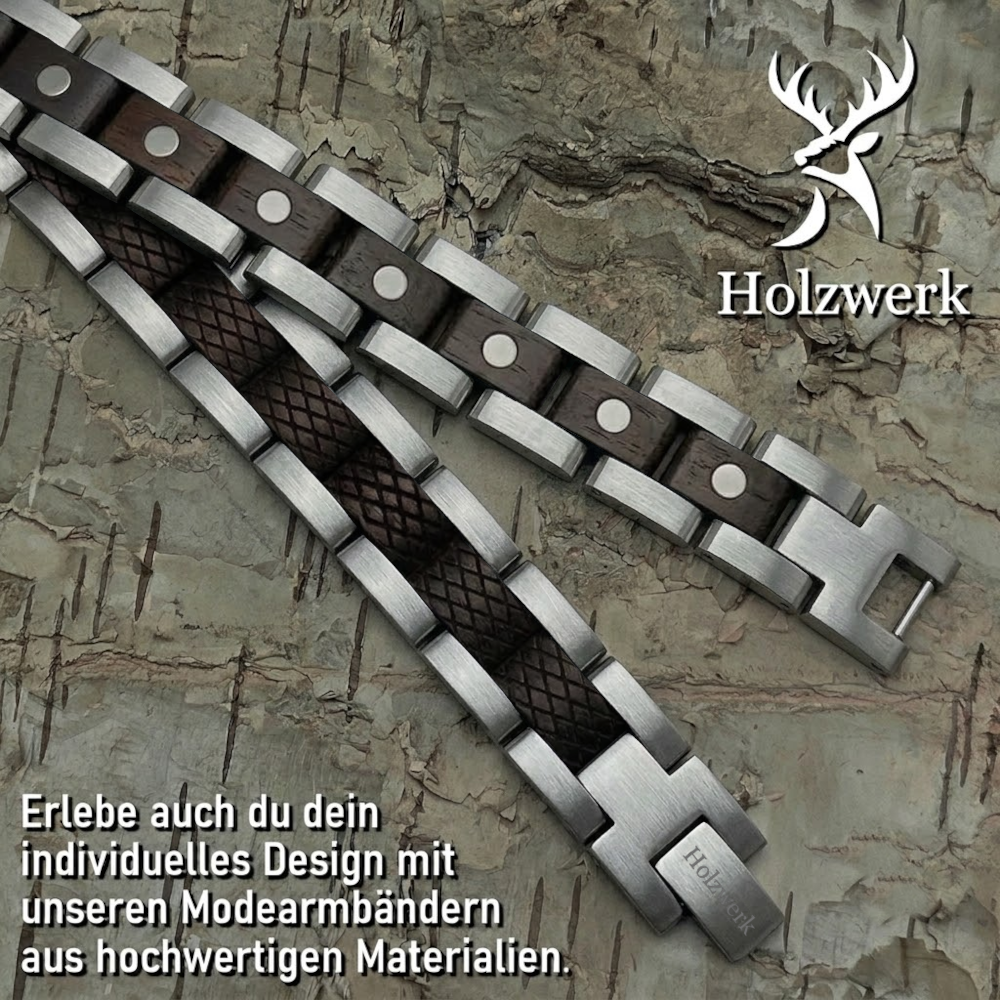 Holzwerk COLPINSEE silber-schwarzes  Magnet Armband aus Ebonyholz und Edelstahl, Detailansicht der Gliederkonstruktion