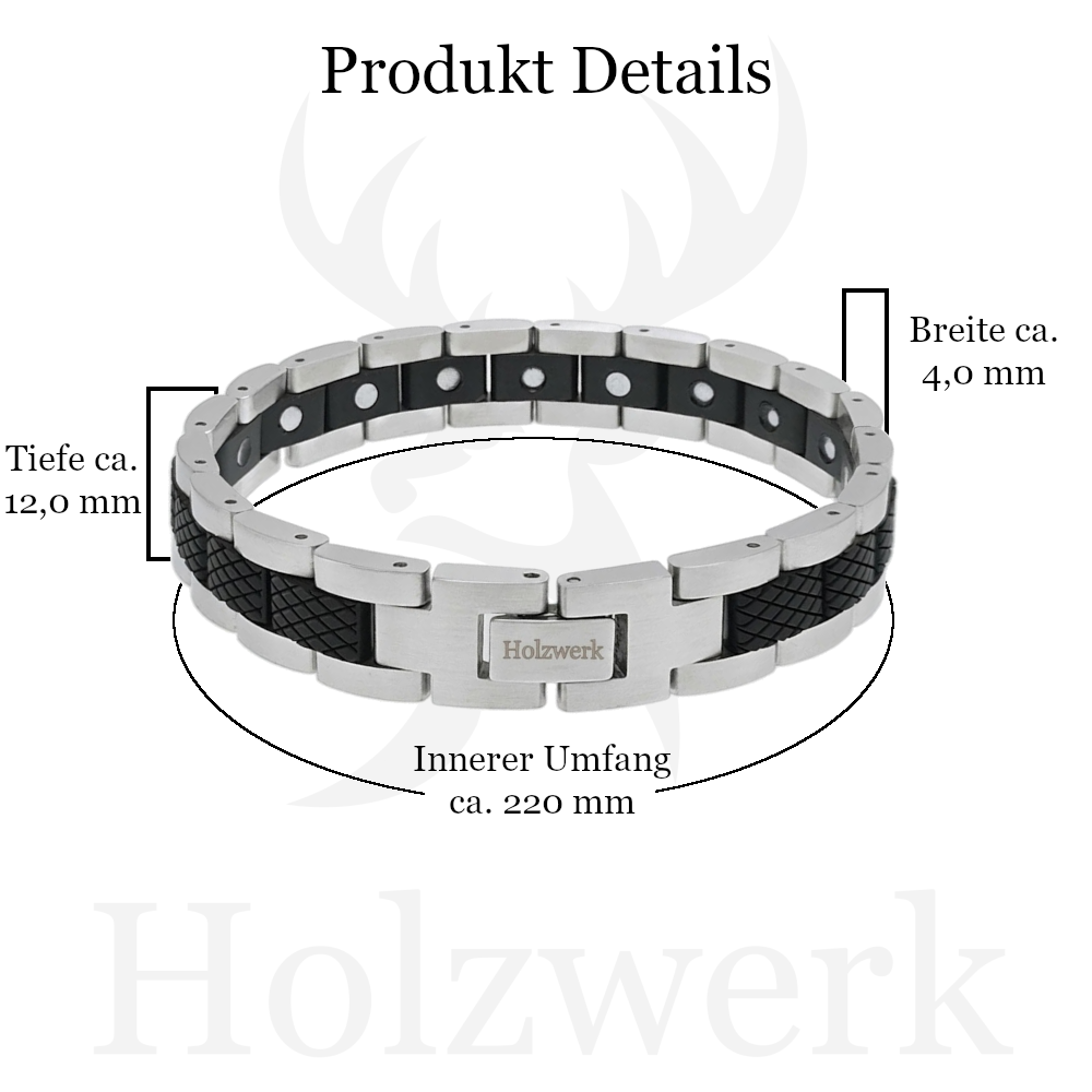 Holzwerk COLPINSEE silber-schwarzes  Magnet Armband aus Ebonyholz und Edelstahl mit Maßangaben