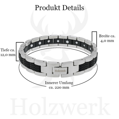 Holzwerk COLPINSEE silber-schwarzes  Magnet Armband aus Ebonyholz und Edelstahl mit Maßangaben