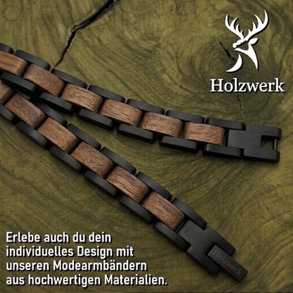Holzwerk DAMMSEE schwarz-braunes  Holz Armband aus Walnussholz und Edelstahl, Detailansicht der Gliederkonstruktion