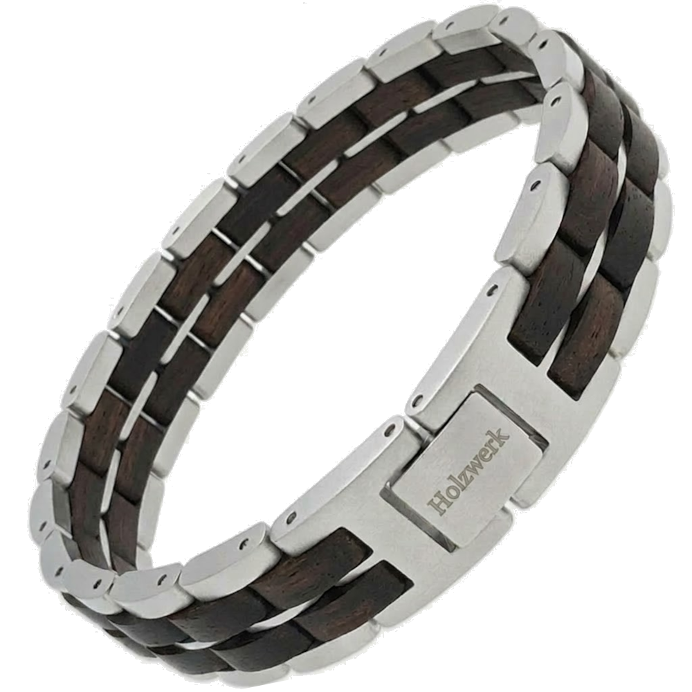 Holzwerk DEGERSEE silber-dunkelbraunes Holz Armband aus Ebonyholz und Edelstahl mit Gliederkonstruktion Schrägansicht