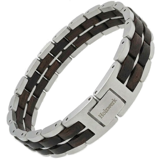 Holzwerk DEGERSEE silber-dunkelbraunes Holz Armband aus Ebonyholz und Edelstahl mit Gliederkonstruktion Schrägansicht