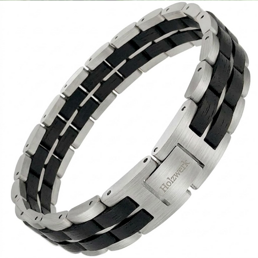 Holzwerk DEGERSEE silber-schwarzes Holz Armband aus Ebonyholz und Edelstahl mit Gliederkonstruktion Schrägansicht