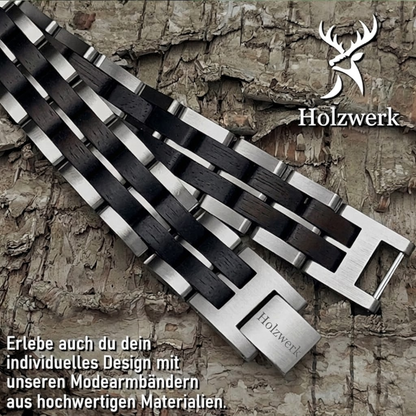 Holzwerk DEGERSEE silber-dunkelbraunes Holz Armband aus Ebonyholz und Edelstahl, Detailansicht der Gliederkonstruktion