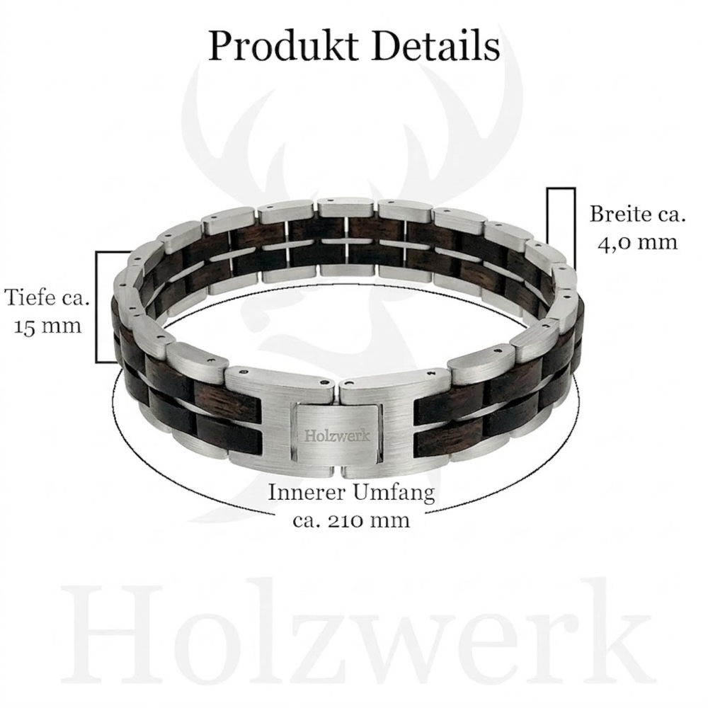 Holzwerk DEGERSEE silber-dunkelbraunes Holz Armband aus Ebonyholz und Edelstahl mit Gliederkonstruktion und Maßangaben