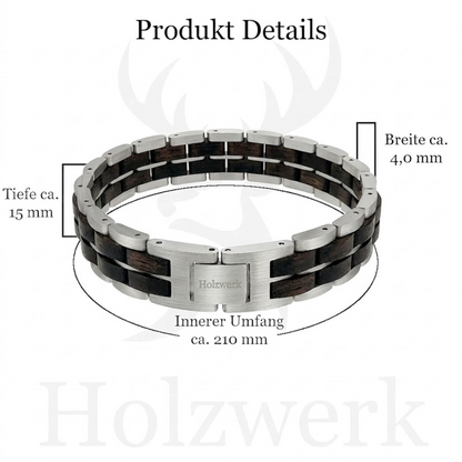 Holzwerk DEGERSEE silber-dunkelbraunes Holz Armband aus Ebonyholz und Edelstahl mit Gliederkonstruktion und Maßangaben