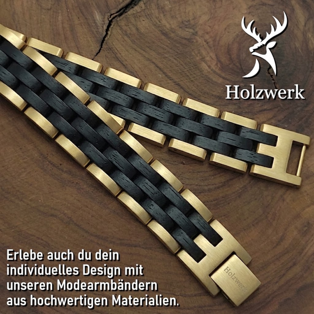 Holzwerk DEHMSEE gold-schwarzes Holz Armband aus Ebonyholz und Edelstahl, Detailansicht der Gliederkonstruktion