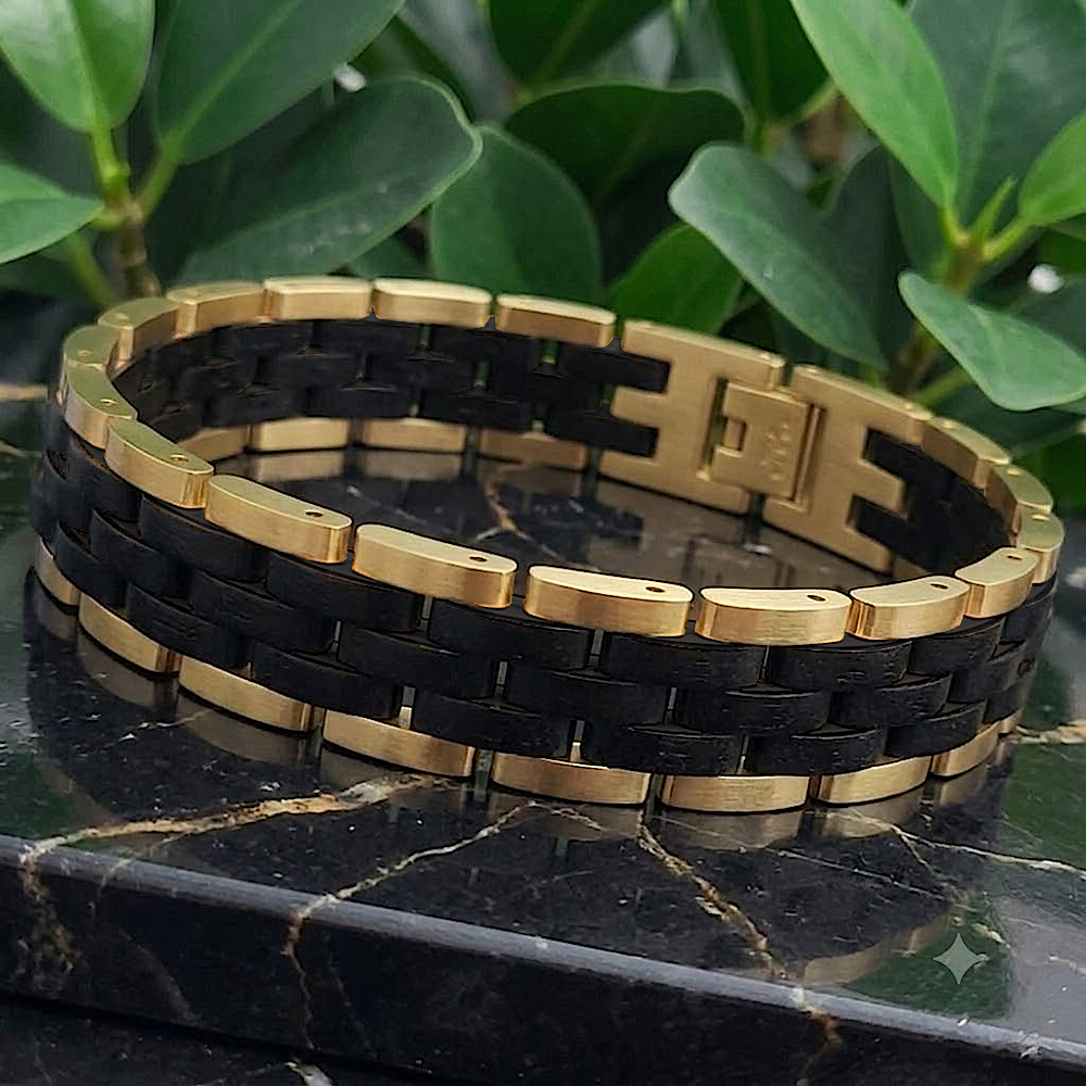 Holzwerk DEHMSEE gold-schwarzes Holz Armband aus Ebonyholz und Edelstahl mit Gliederkonstruktion, Ansicht der Rückseite