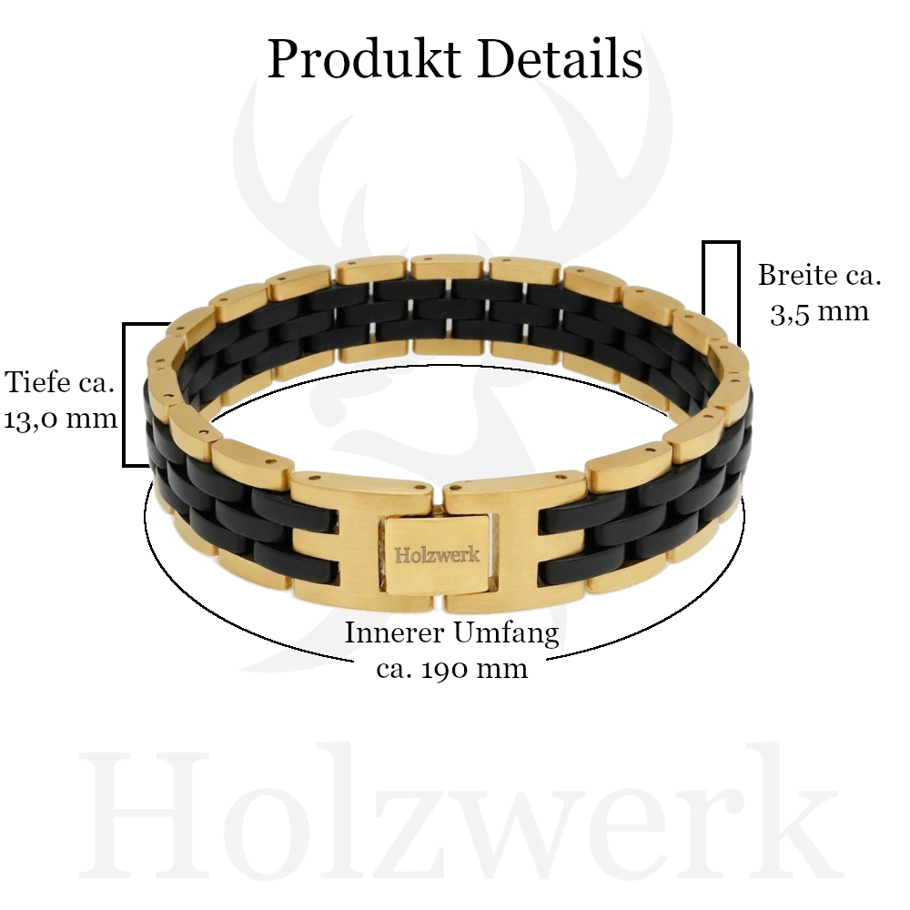 Holzwerk DEHMSEE gold-schwarzes Holz Armband aus Ebonyholz und Edelstahl mit Gliederkonstruktion mit Maßangaben