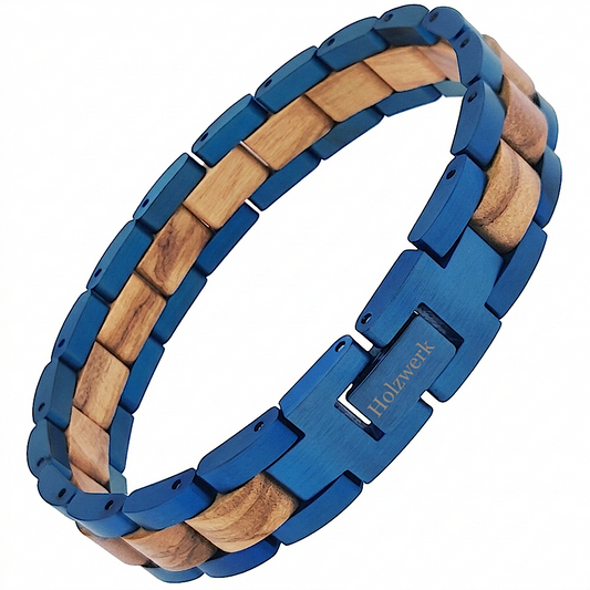 Holzwerk DIEKSEE blau-braunes Holz Armband aus Zebraholz und Edelstahl mit Gliederkonstruktion Frontansicht