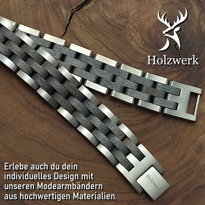 Holzwerk EDERSEE silber-graues Holz Armband aus Olivenholz und Edelstahl, Detailansicht der Gliederkonstruktion