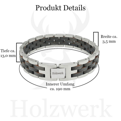 Holzwerk EDERSEE silber-graues Holz Armband aus Olivenholz und Edelstahl mit Maßangaben