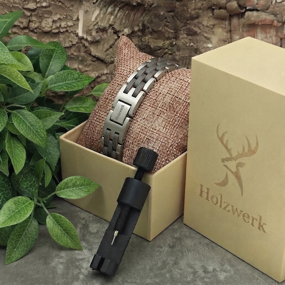 Holzwerk EDERSEE silber-graues Holz Armband aus Olivenholz und Edelstahl mit Gliederkonstruktion in Holzwerk Uhrenbox