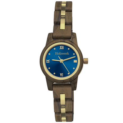 Holzwerk ELLINGEN Damen Armbanduhr aus edlem Walnussholz mit blau-goldenem Zifferblatt und römischen Ziffern, Frontansicht
