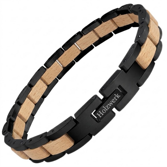 Holzwerk EMMSEE schwarz-beiges Holz Armband aus Olivenholz und Edelstahl mit Gliederkonstruktion Frontansicht